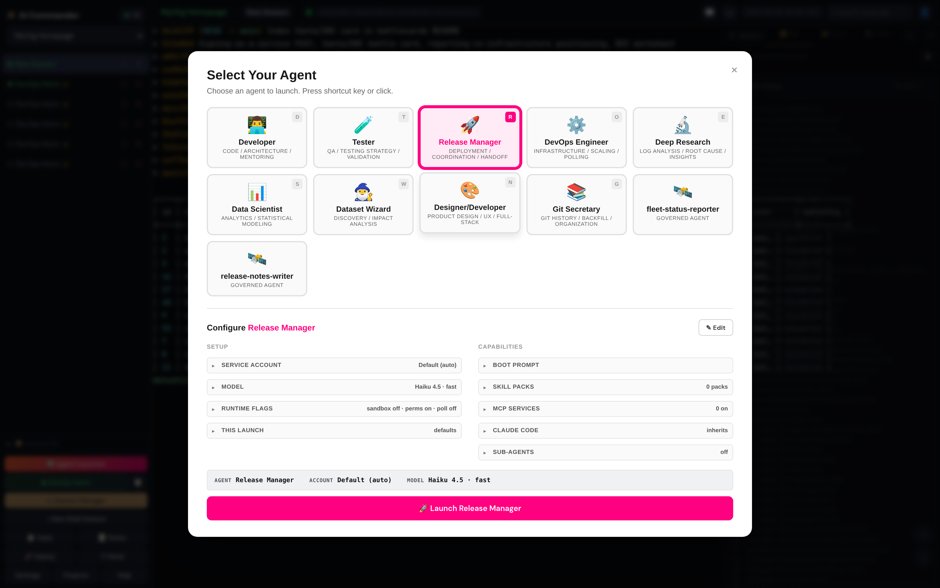 The Agent Launcher with the Release Manager persona selected, showing its service account, model, runtime flags, boot prompt, skill packs, MCP servers and sub-agent settings before launch.