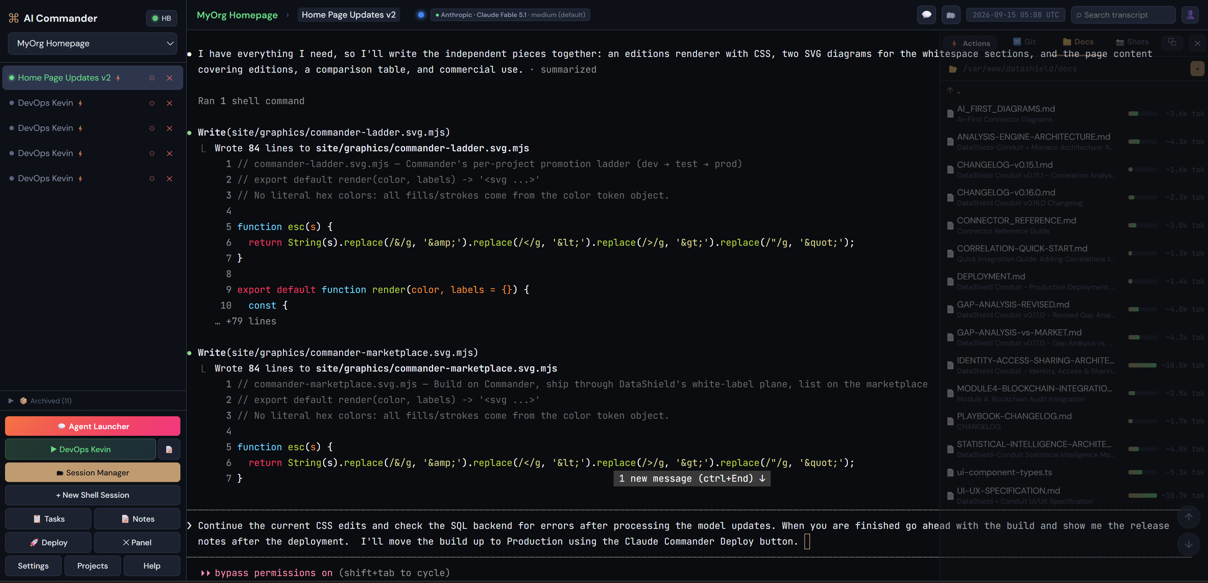 Commander cockpit: a live Claude Code session writing site code in the terminal, the project's agent sessions listed on the left, and the project docs panel open on the right with token counts per file.