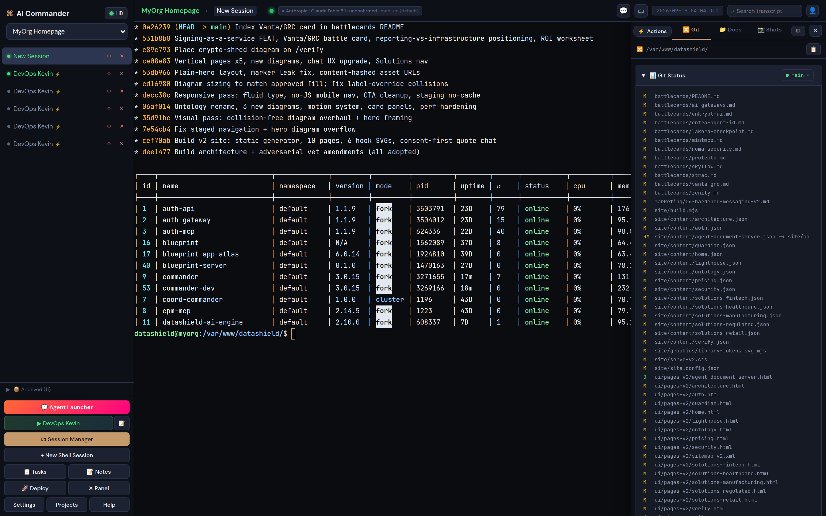 The Git Files panel open beside a live terminal, showing the working-tree status and the changed files of the current project.