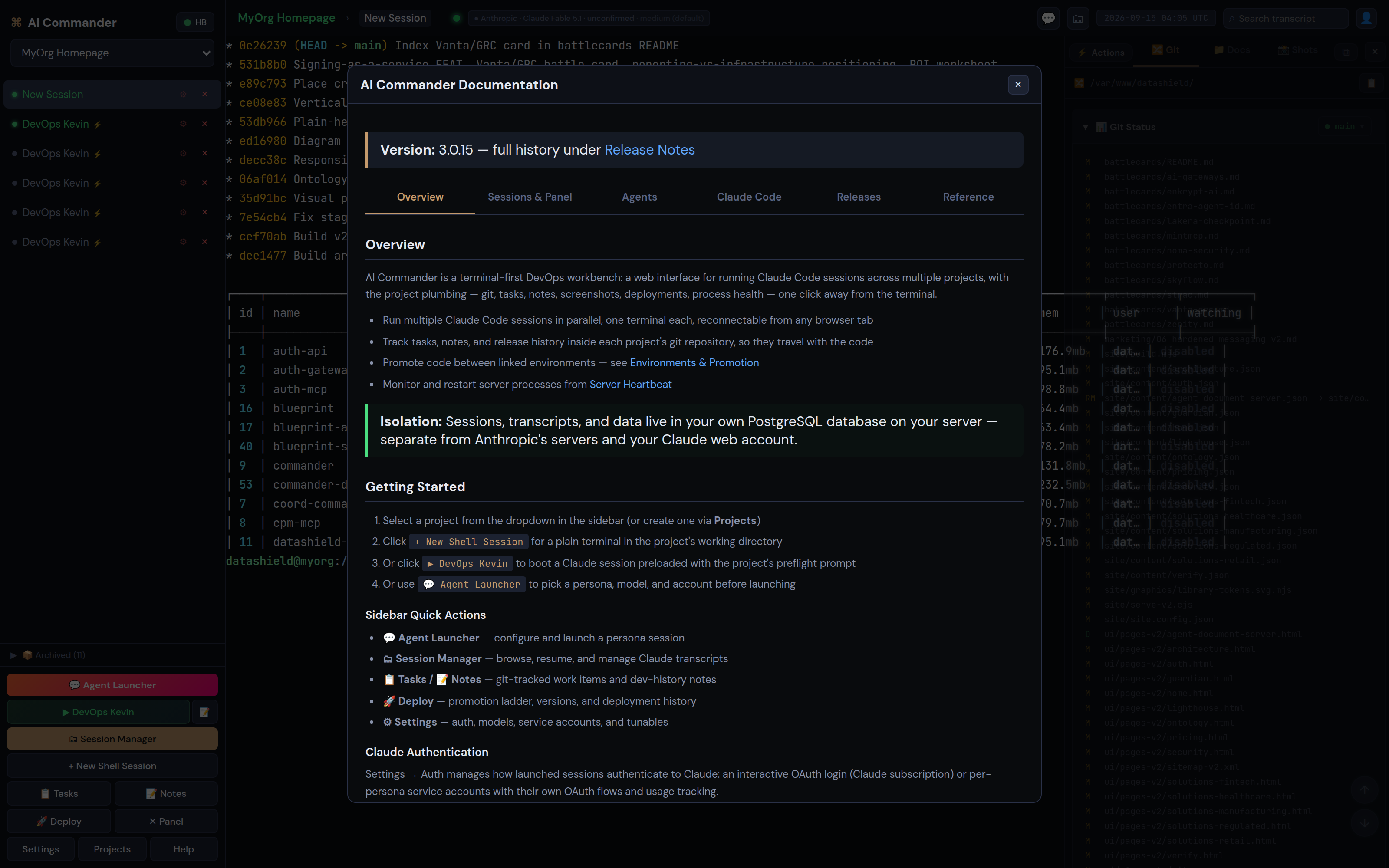 The in-app documentation panel describing Commander as a terminal-first DevOps workbench, with the isolation note that sessions and transcripts live in the customer's own PostgreSQL.