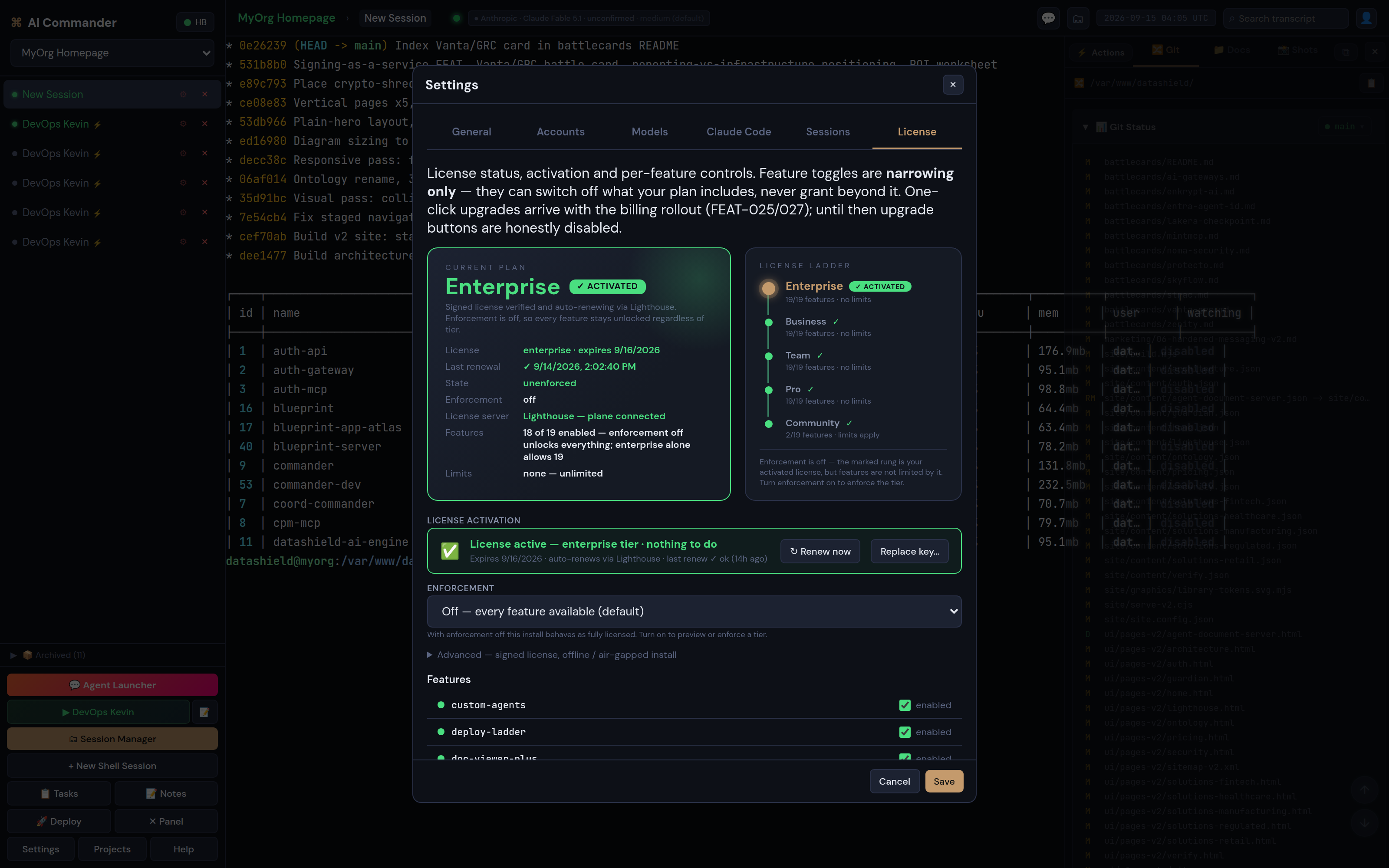 The License tab in Settings showing an active Enterprise plan, its signed license status, and per-feature toggles that can only narrow what the plan allows.