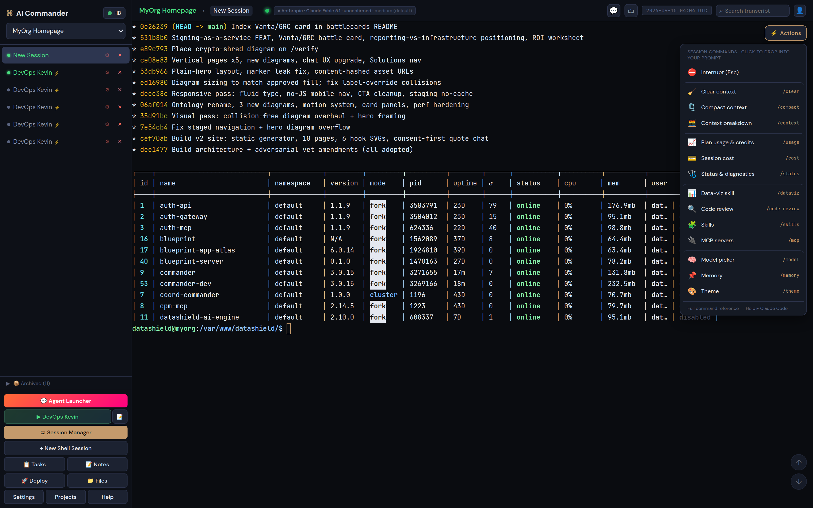 The Actions menu on a live session listing Claude Code commands such as clear context, compact, usage, cost, status, code review, skills, MCP servers and model picker.