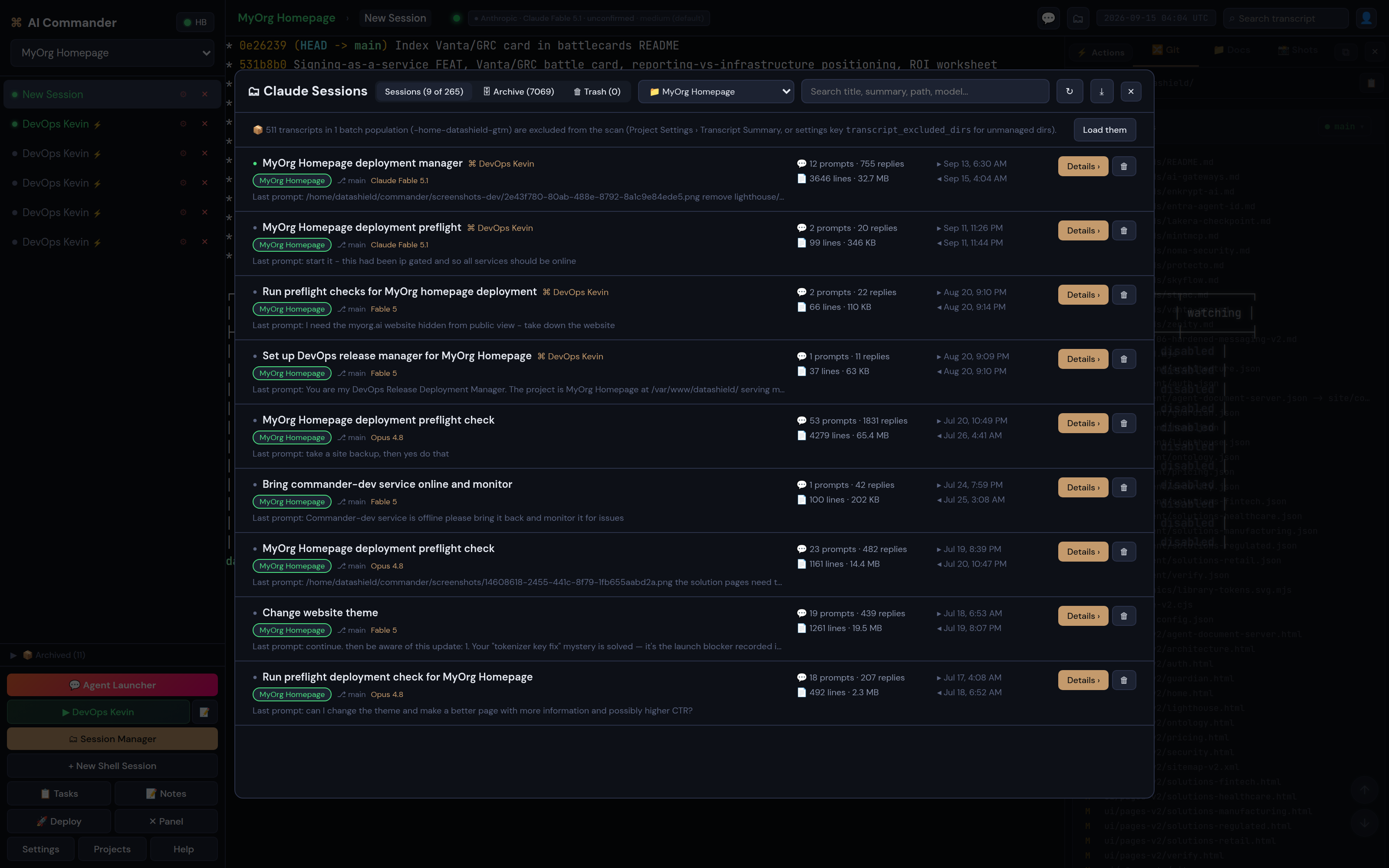The Session Manager listing logged Claude sessions for a project, each with its title, persona, prompt count, transcript size and timestamps.